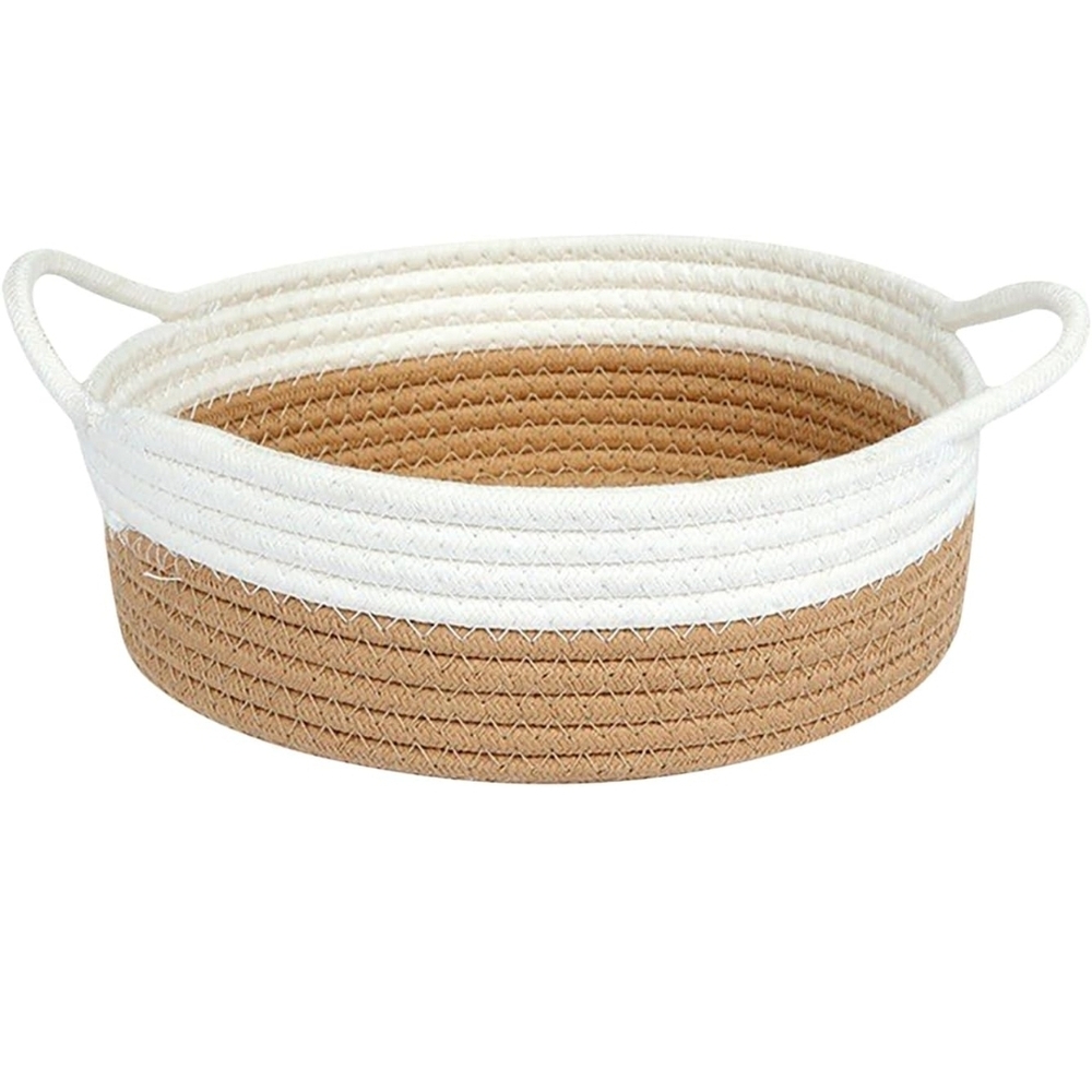 #623 White/Tan Rope Basket Round Woven Basket with Handle 7 Inch